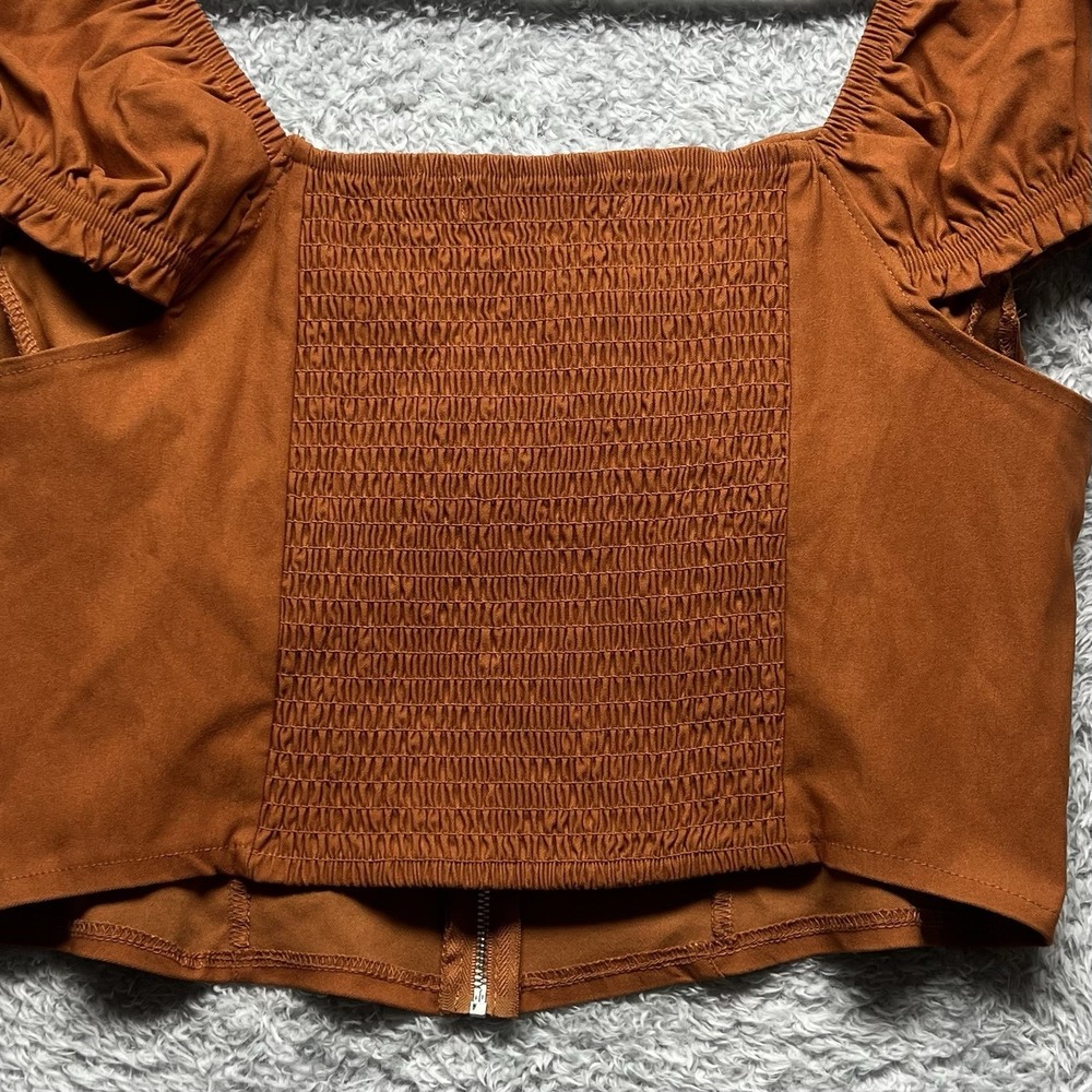 Madden NYC Top XL Rust Brown Corset Bustier Front Zip Puff  Short Sleeve Smocked - Picture 6 of 10